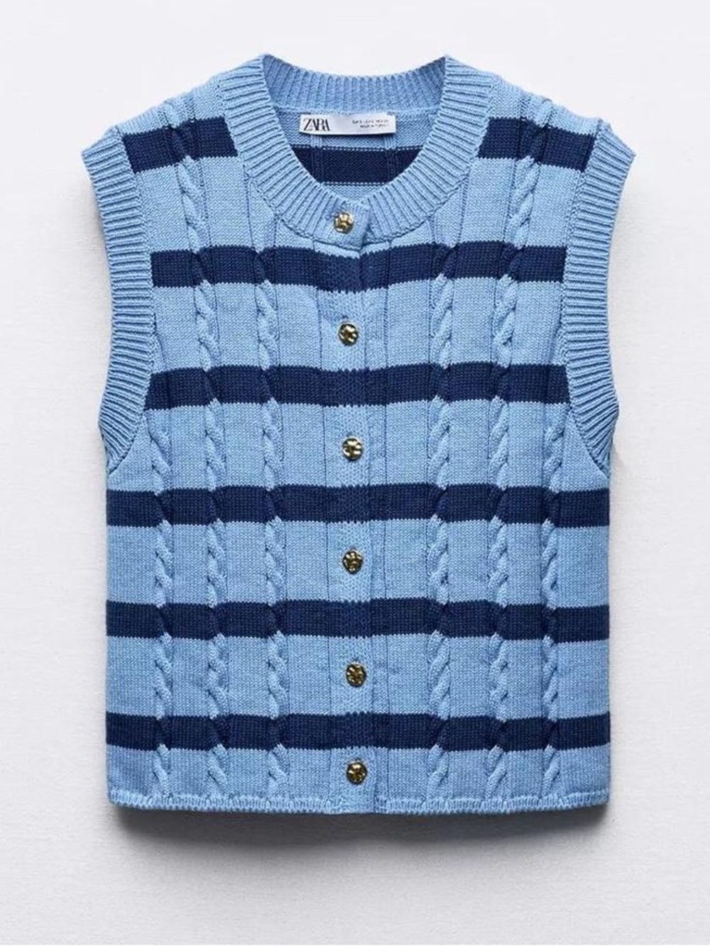 Zara Cableknit Blue Constrast Stripe Sweater Vest Medium
